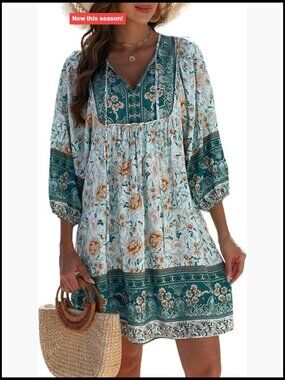 Womens Boho Floral Print 3/4 Sleeve Babydoll Summer Dress Rayon